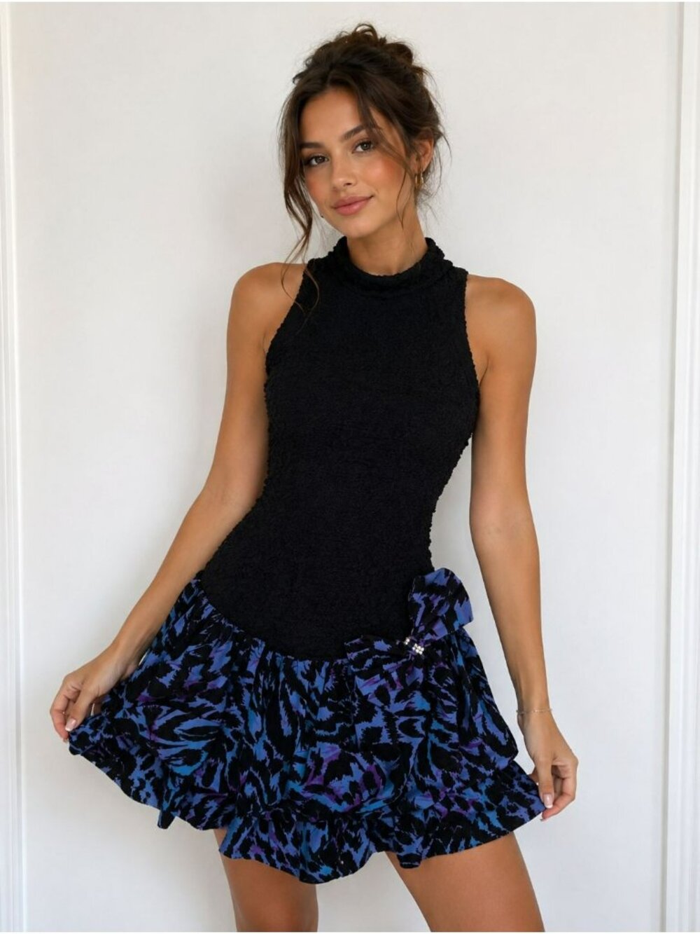 Vintage Karen Okada For David Howard Black Textured Party Dress Ruffle Skirt